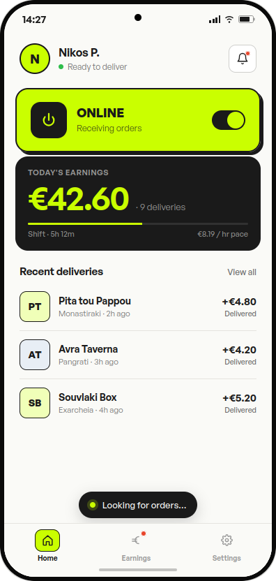 DEMFI driver app home screen: the online toggle is set to ONLINE, showing today's earnings of 42 euro 60 across 9 deliveries and a list of recent drops.